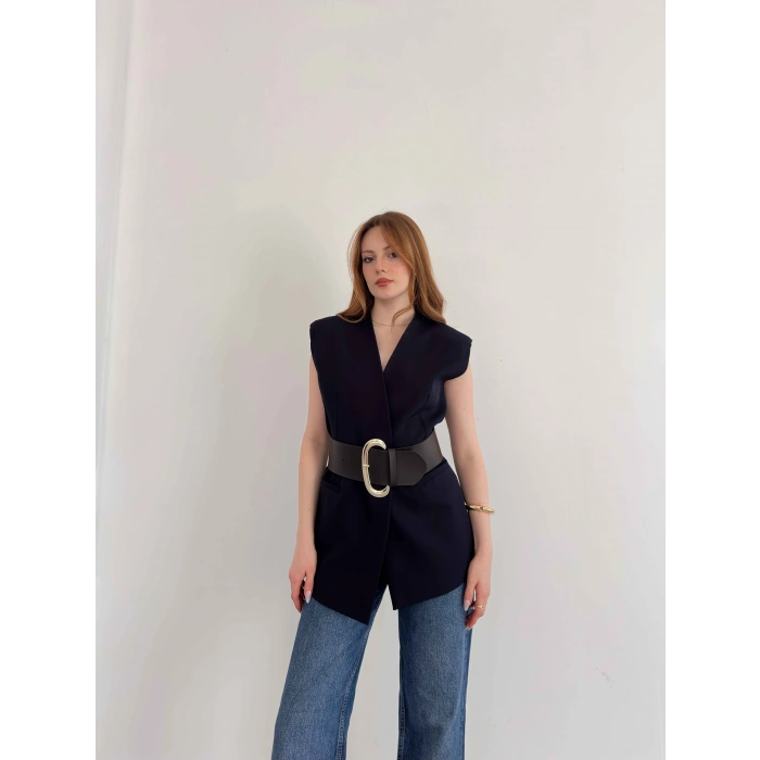 Kalın Kemer Detaylı Yelek Lacivert