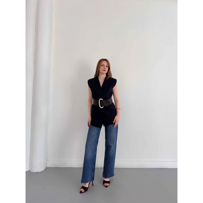 Kalın Kemer Detaylı Yelek Lacivert