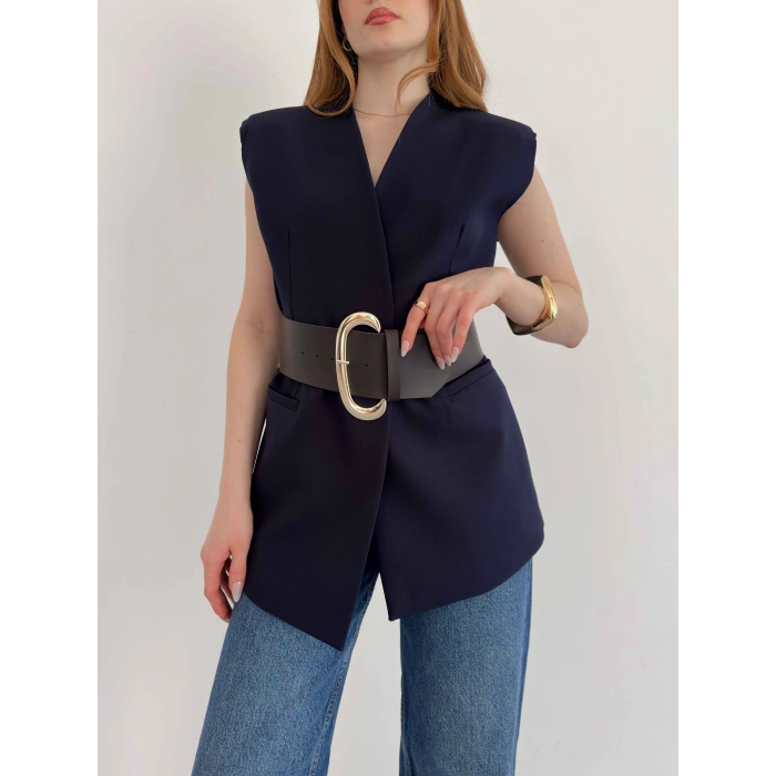 Kalın Kemer Detaylı Yelek Lacivert