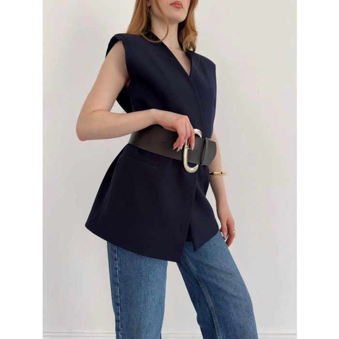 Kalın Kemer Detaylı Yelek Lacivert