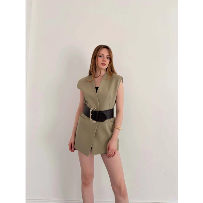 Kalın Kemer Detaylı Yelek Haki