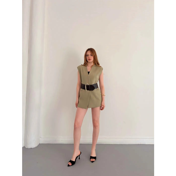 Kalın Kemer Detaylı Yelek Haki