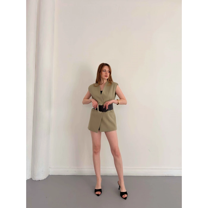 Kalın Kemer Detaylı Yelek Haki