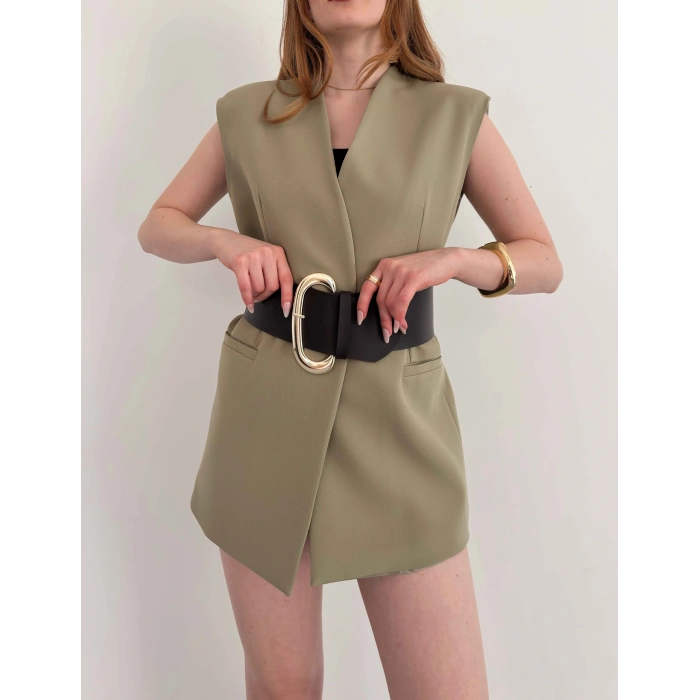 Kalın Kemer Detaylı Yelek Haki