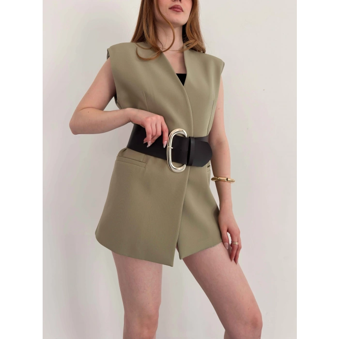 Kalın Kemer Detaylı Yelek Haki