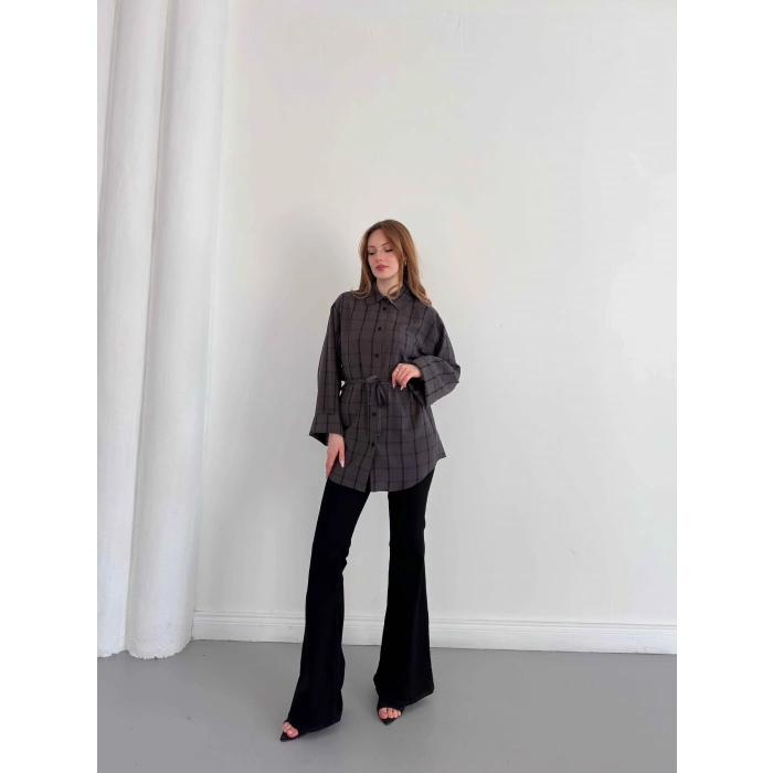 Ekose Bel Kuşaklı İspanyol Kol Gömlek Antrasit