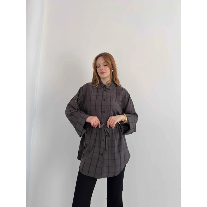 Ekose Bel Kuşaklı İspanyol Kol Gömlek Antrasit