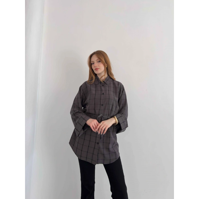 Ekose Bel Kuşaklı İspanyol Kol Gömlek Antrasit