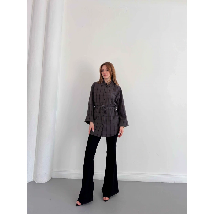 Ekose Bel Kuşaklı İspanyol Kol Gömlek Antrasit