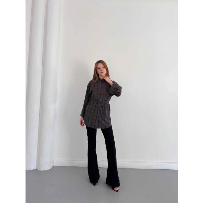 Ekose Bel Kuşaklı İspanyol Kol Gömlek Antrasit