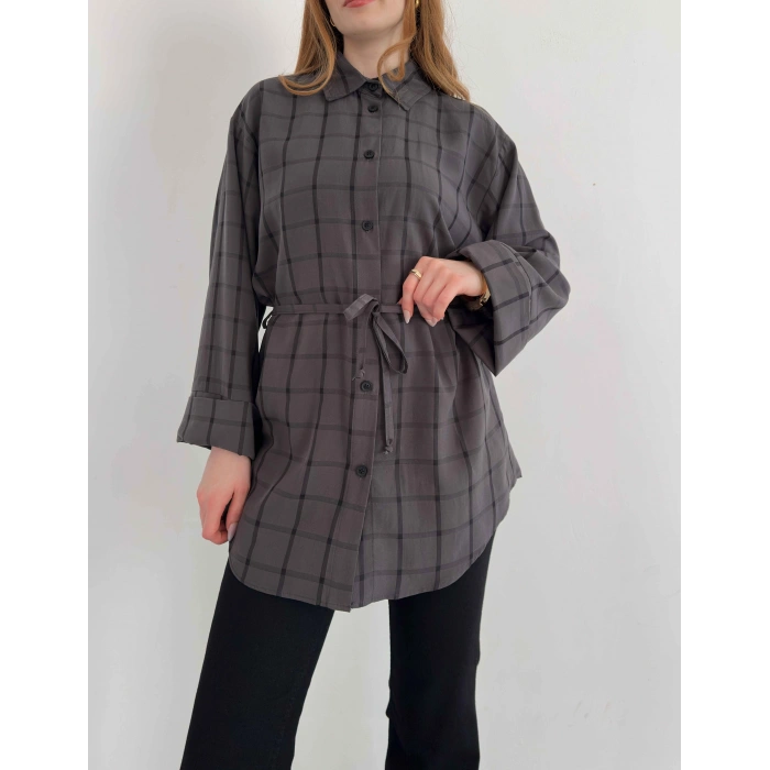 Ekose Bel Kuşaklı İspanyol Kol Gömlek Antrasit