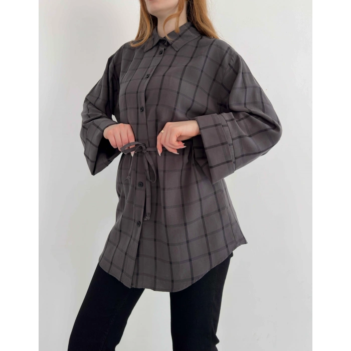 Ekose Bel Kuşaklı İspanyol Kol Gömlek Antrasit