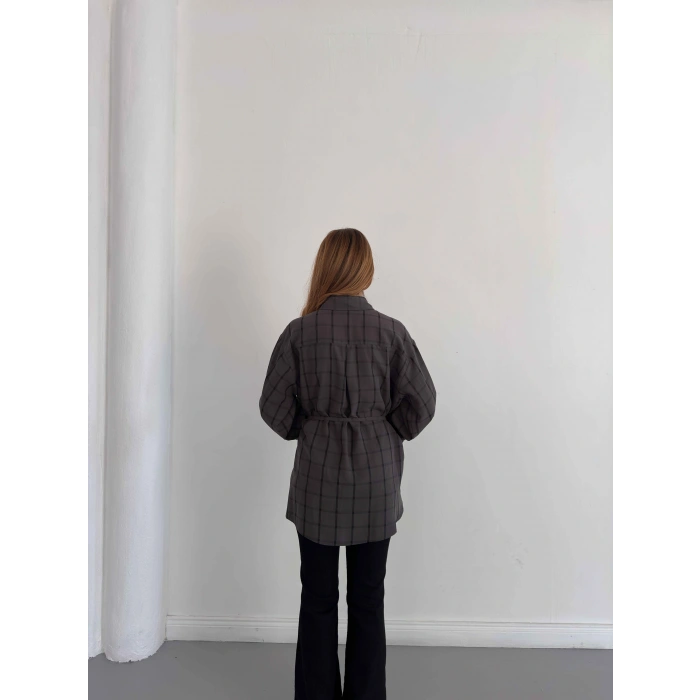 Ekose Bel Kuşaklı İspanyol Kol Gömlek Antrasit