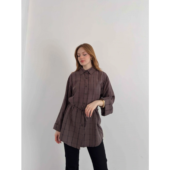 Ekose Bel Kuşaklı İspanyol Kol Gömlek Kahve