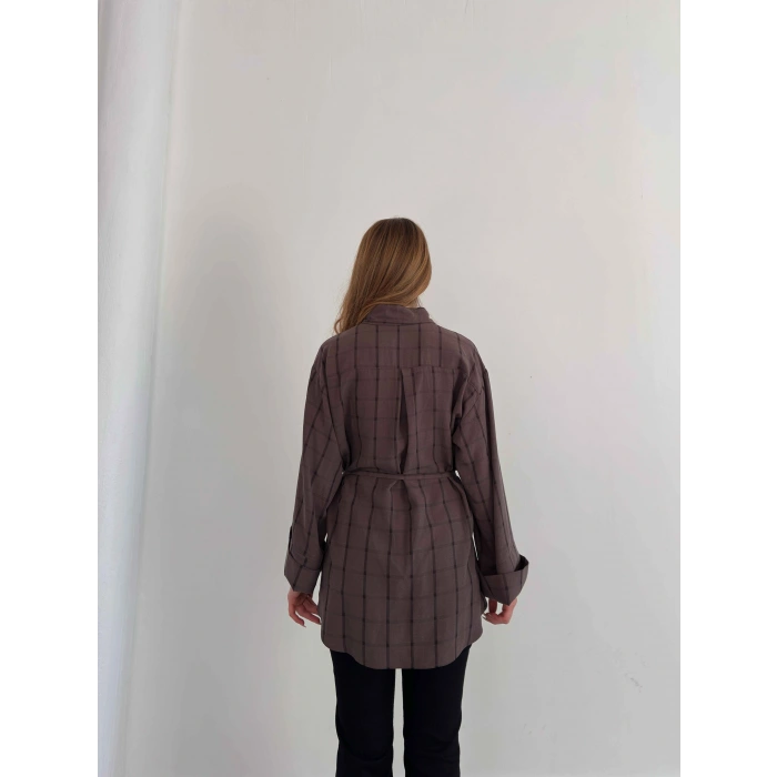 Ekose Bel Kuşaklı İspanyol Kol Gömlek Kahve