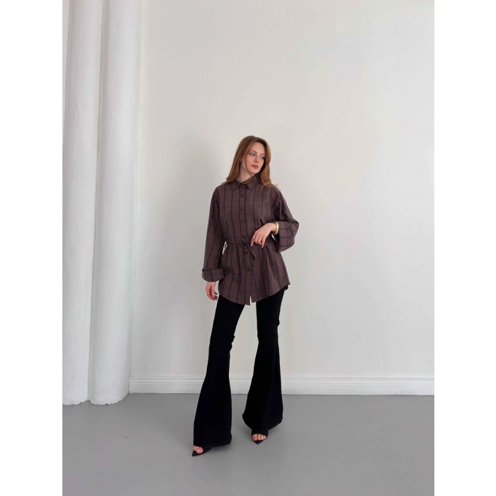 Ekose Bel Kuşaklı İspanyol Kol Gömlek Kahve