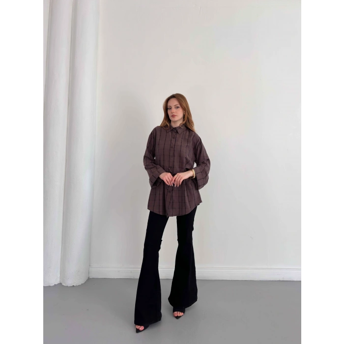 Ekose Bel Kuşaklı İspanyol Kol Gömlek Kahve