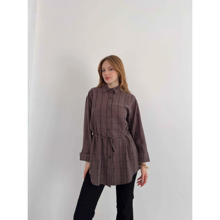 Ekose Bel Kuşaklı İspanyol Kol Gömlek Kahve