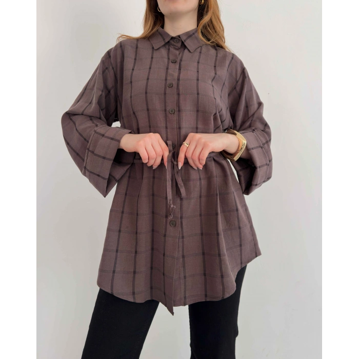 Ekose Bel Kuşaklı İspanyol Kol Gömlek Kahve