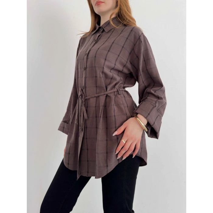 Ekose Bel Kuşaklı İspanyol Kol Gömlek Kahve