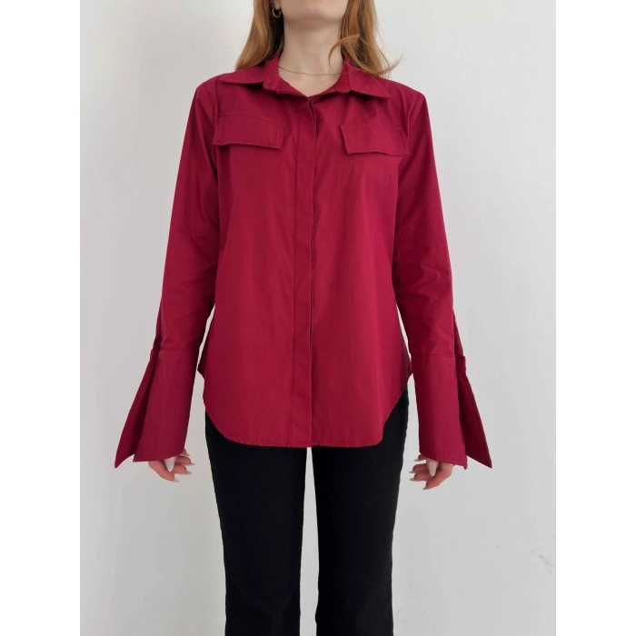 Poplin Kol Detaylı Gömlek Bordo