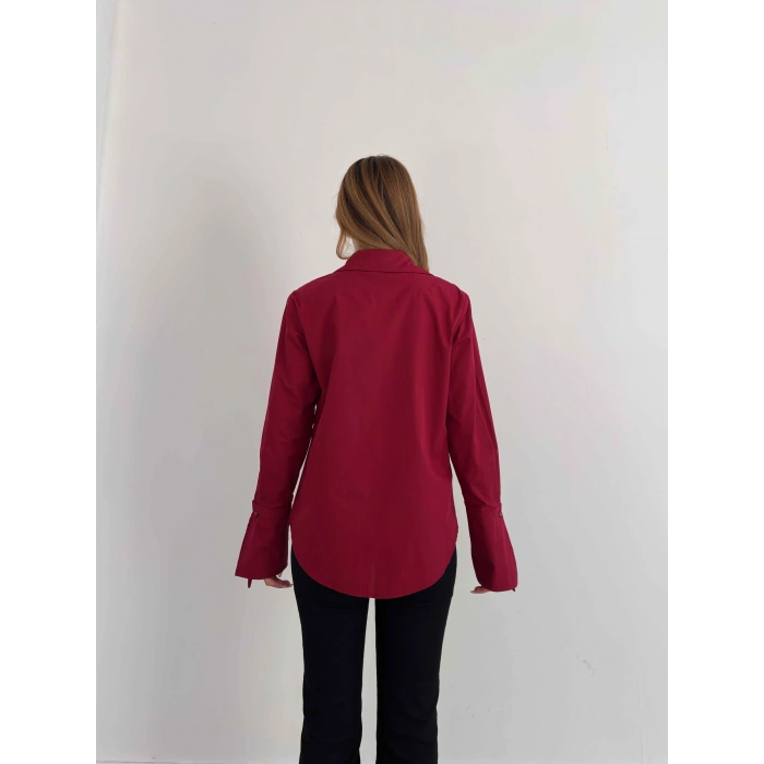 Poplin Kol Detaylı Gömlek Bordo