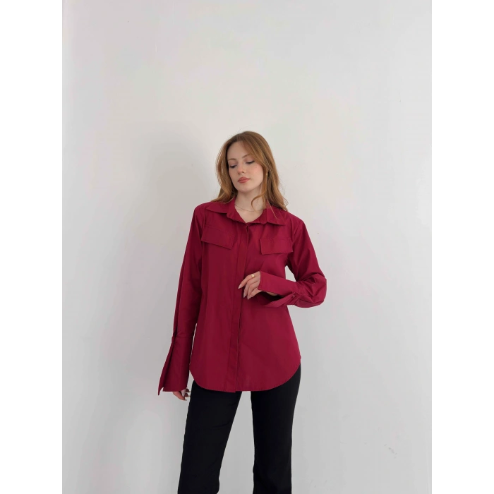 Poplin Kol Detaylı Gömlek Bordo