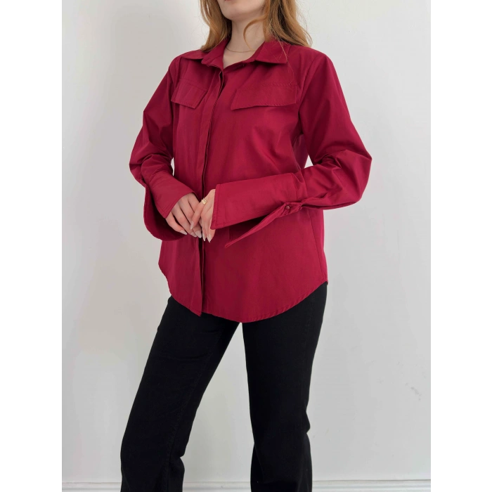 Poplin Kol Detaylı Gömlek Bordo