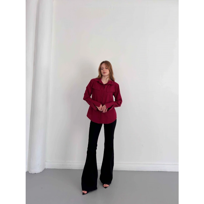 Poplin Kol Detaylı Gömlek Bordo