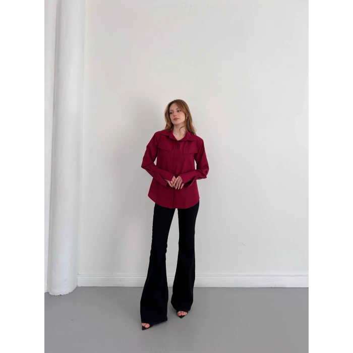 Poplin Kol Detaylı Gömlek Bordo