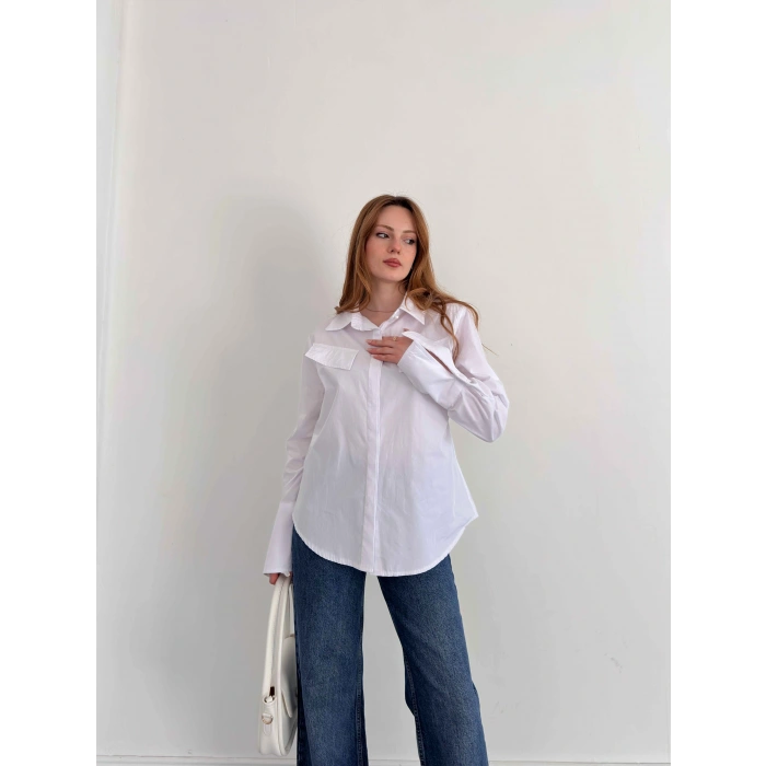 Poplin Kol Detaylı Gömlek Beyaz