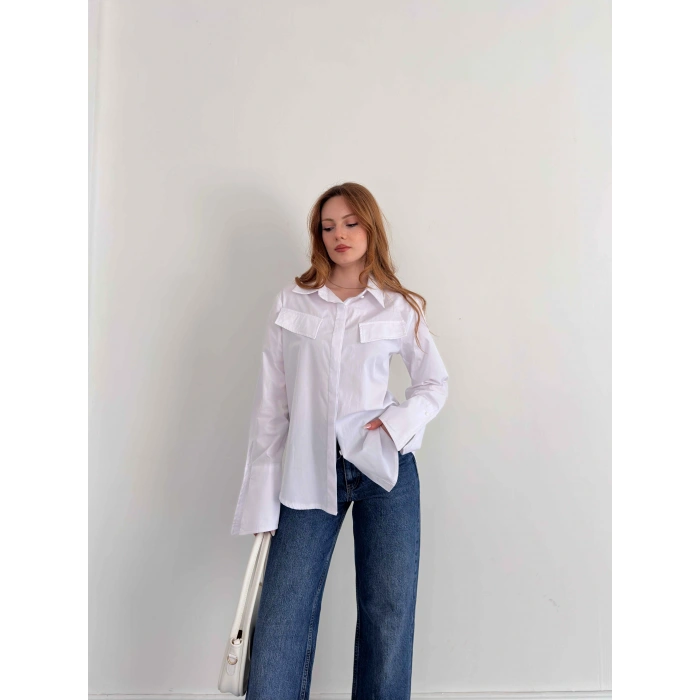 Poplin Kol Detaylı Gömlek Beyaz