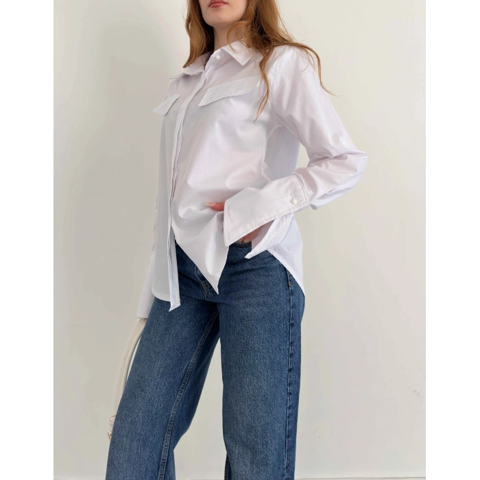 Poplin Kol Detaylı Gömlek Beyaz