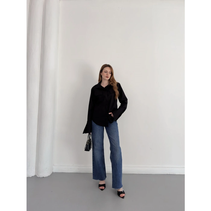 Poplin Kol Detaylı Gömlek Siyah