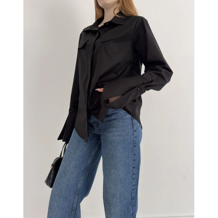 Poplin Kol Detaylı Gömlek Siyah