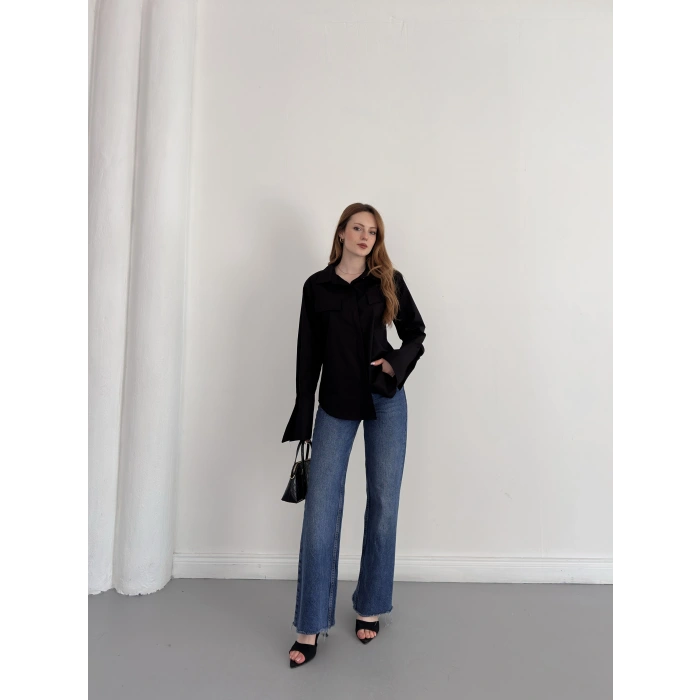 Poplin Kol Detaylı Gömlek Siyah