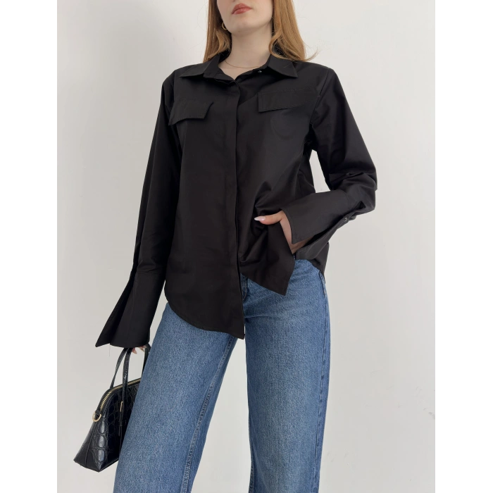 Poplin Kol Detaylı Gömlek Siyah