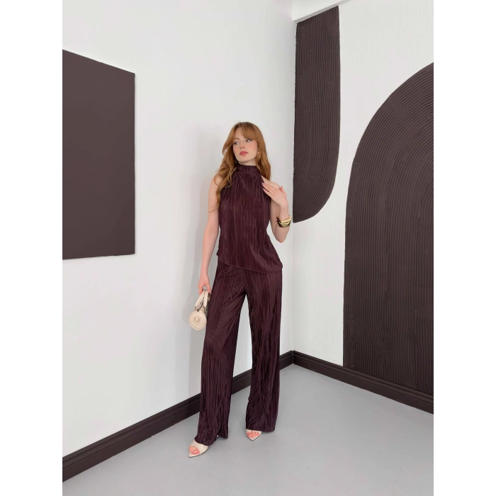 Piliseli Sırt Detaylı İkili Takım Kahve