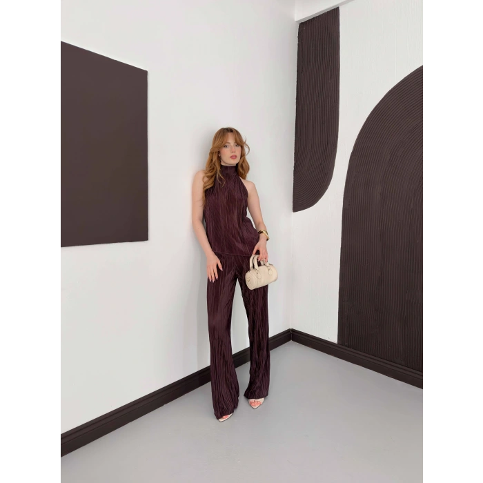 Piliseli Sırt Detaylı İkili Takım Kahve