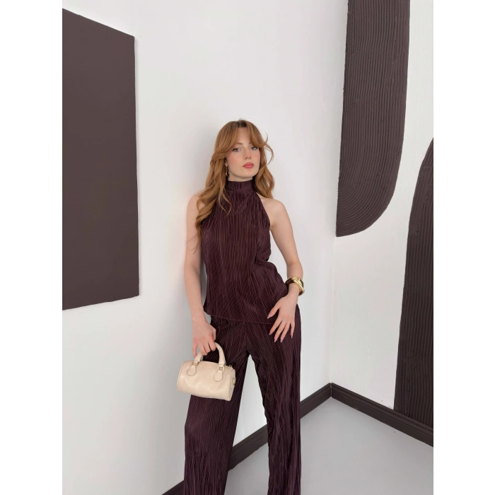 Piliseli Sırt Detaylı İkili Takım Kahve