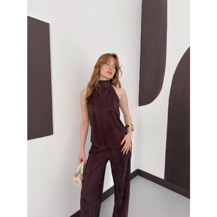 Piliseli Sırt Detaylı İkili Takım Kahve