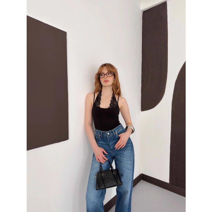 Dantel Detaylı Boyundan Bağlamalı Zıbın Siyah