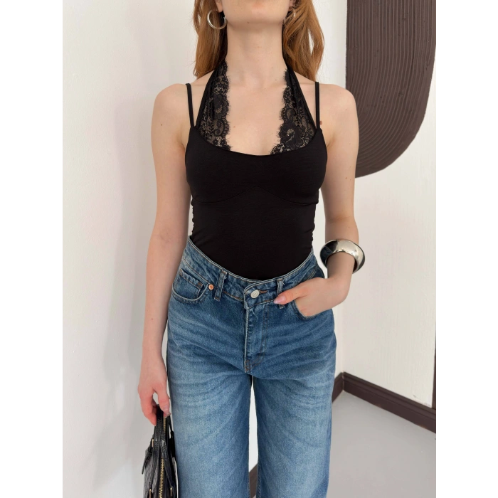 Dantel Detaylı Boyundan Bağlamalı Zıbın Siyah