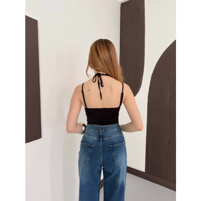 Dantel Detaylı Boyundan Bağlamalı Zıbın Siyah