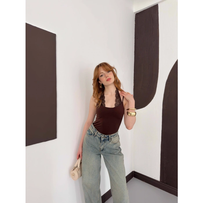 Dantel Detaylı Boyundan Bağlamalı Zıbın Kahve