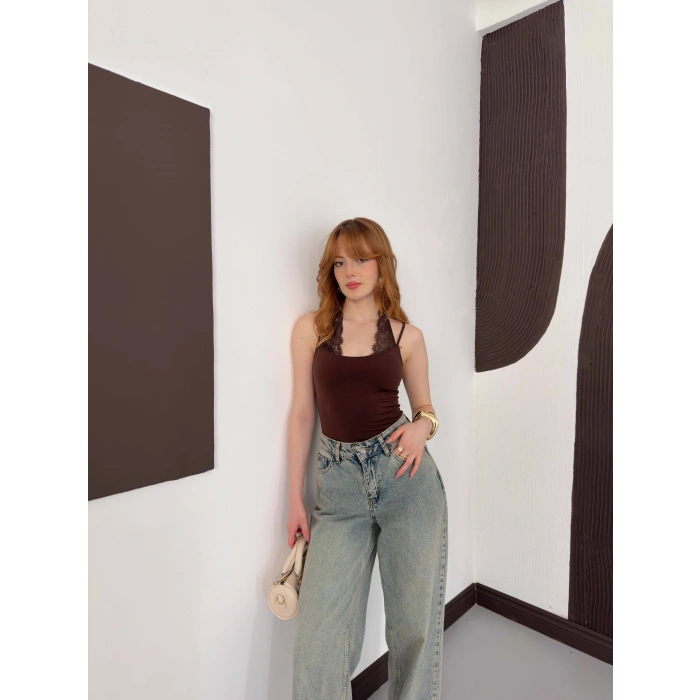 Dantel Detaylı Boyundan Bağlamalı Zıbın Kahve