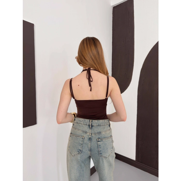 Dantel Detaylı Boyundan Bağlamalı Zıbın Kahve