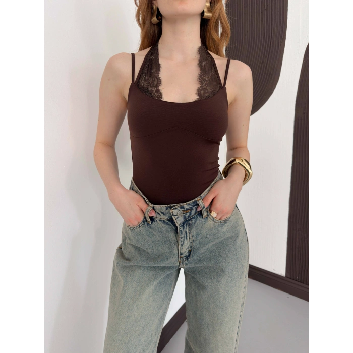 Dantel Detaylı Boyundan Bağlamalı Zıbın Kahve