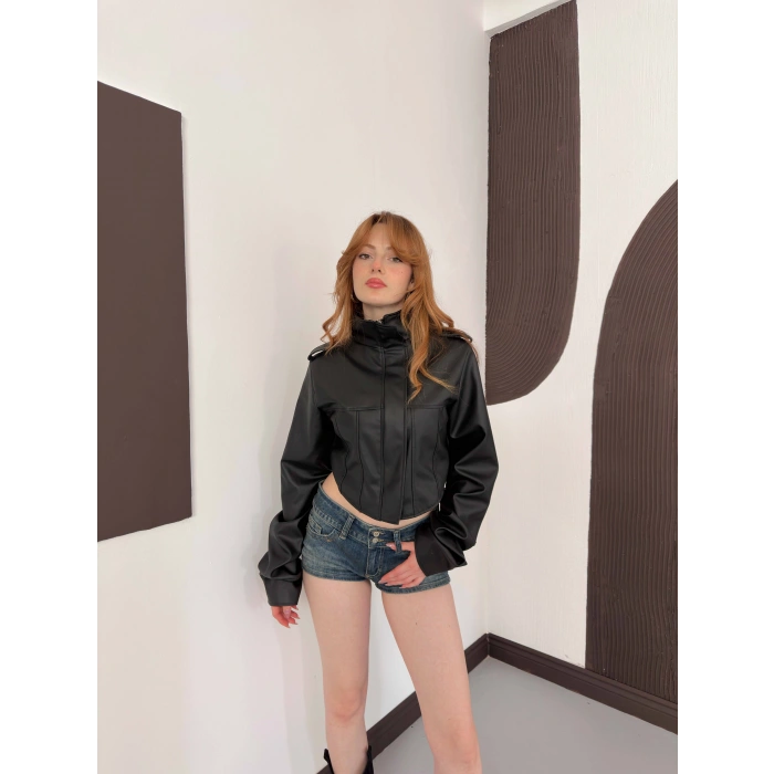 Korse Detaylı Premium Tasarım Deri Ceket Siyah
