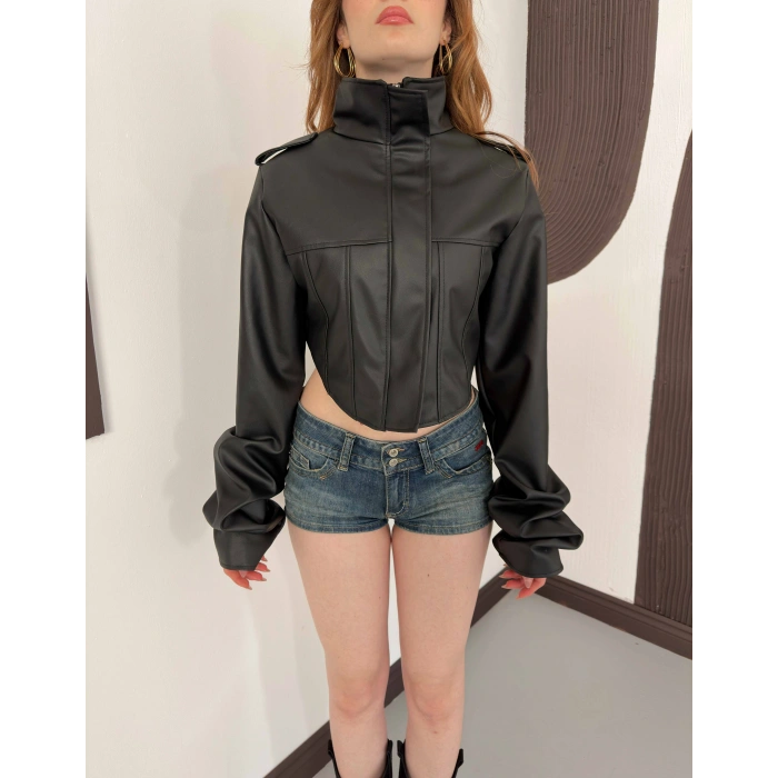 Korse Detaylı Premium Tasarım Deri Ceket Siyah
